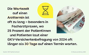 Grüne Bildkachel mit einer gelben Sprechblase, auf der eine Sanduhr zu sehen ist sowie einer größeren Sprechblase mit dem Foto einer Hand, die in einem Kalender blättert. Daneben steht Text.