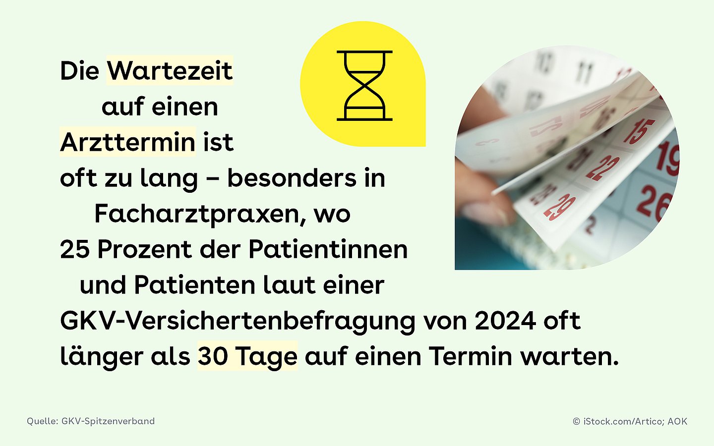Grüne Bildkachel mit einer gelben Sprechblase, auf der eine Sanduhr zu sehen ist sowie einer größeren Sprechblase mit dem Foto einer Hand, die in einem Kalender blättert. Daneben steht Text.