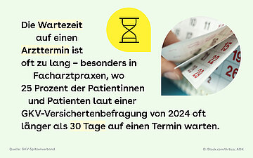 Gr&uuml;ne Bildkachel mit einer gelben Sprechblase, auf der eine Sanduhr zu sehen ist sowie einer gr&ouml;&szlig;eren Sprechblase mit dem Foto einer Hand, die in einem Kalender bl&auml;ttert. Daneben steht Text.