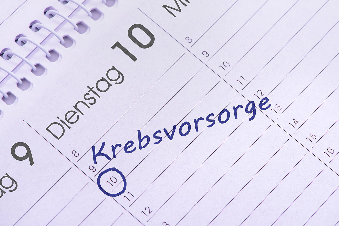 Das Bild zeigt einen Spiralkalender mit dem Eintrag für einen Termin zur Krebsvorsorge .