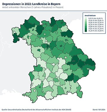 Landkarte von Bayern: Im Norden und Osten Bayerns sind mehr Menschen von Depressionen betroffen als im Westen und S&uuml;den: Im Norden und Osten des Freistaats sind mehr Menschen von Depressionen betroffen als im Westen und S&uuml;den