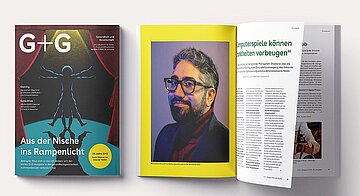 Die Fotomontage zeigt links das Titelbild der G+G 9/23 und rechts die aufgebl&auml;tterte Ausgabe in neuem Layout.