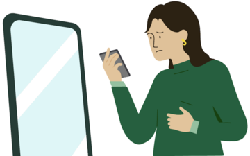 Grafik: Jugendliche steht mit Smartphone vor dem Spiegel und mustert sich.