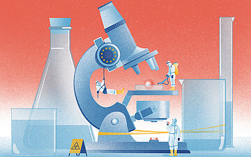 Illustration eines riesigen Mikroskops umgeben von Reagenzgl&auml;sern. Darauf liegt in einer Petrischale ein Coronavirus, das von drei Personen in Schutzanz&uuml;gen behandelt wird. Der Bereich um das Mikrophon ist mit einem gelben Band abgesperrt.