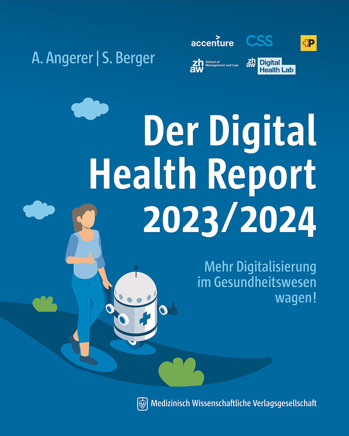 Cover des Buches "Der Digital Health Report": Illu einer Frau, die mit einem Roboter spazieren geht