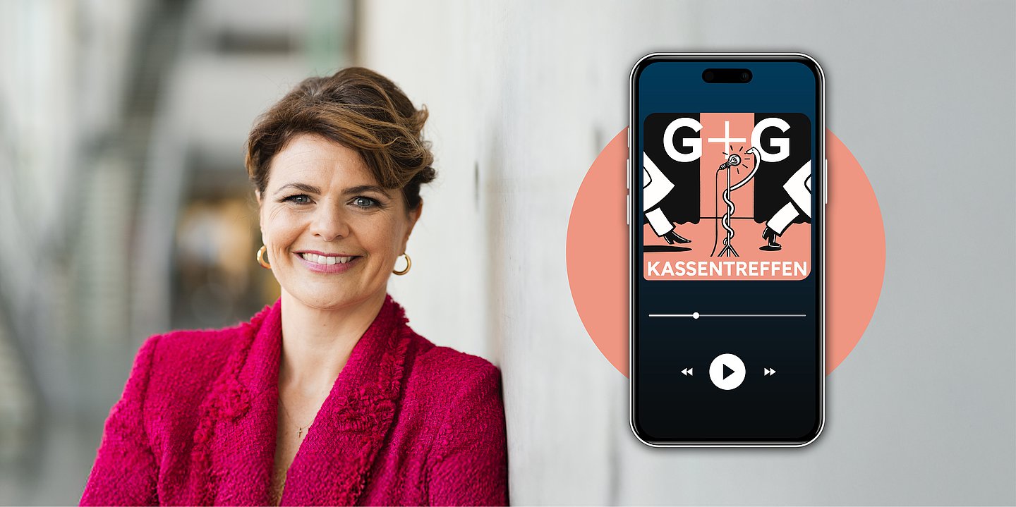 Portrait von Katrin Staffler, Pflegebeauftragte der Bundesregierung, daneben ein Smartphone, was das Logo von G+G Kassentreffen Podcast zeigt.