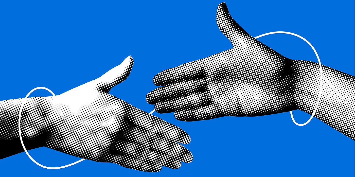 Foto: Illustration zweier Hände vor blauem Hintergrund, die nacheinander greifen.
