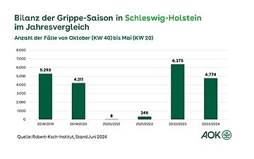 Grafik zeigt die Bilanz der Grippe-Saison in Schleswig-Holstein im Jahresvergleich ab 2018/2019 als Balkendiagramm.