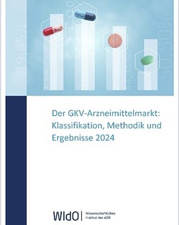 Das Titelbild zeigt in der oberen H&auml;lfte ein angedeutetes Diagramm aus vier dreiteiligen S&auml;ulen, auf denen jeeils eine Tablette "tanzt". Darunter der Schriftzug "Der GKV-Arzneimittelmarkt: Klassifikation, Methodik und Ergebnisse 2024"