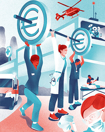 Illustration von meheren Medizinerinnen und Medizinern in einem Krankenhaus. Drei von ihnen stemmen ein Gewicht, an dem links und rechts riesige Eurom&uuml;nzen h&auml;ngen.