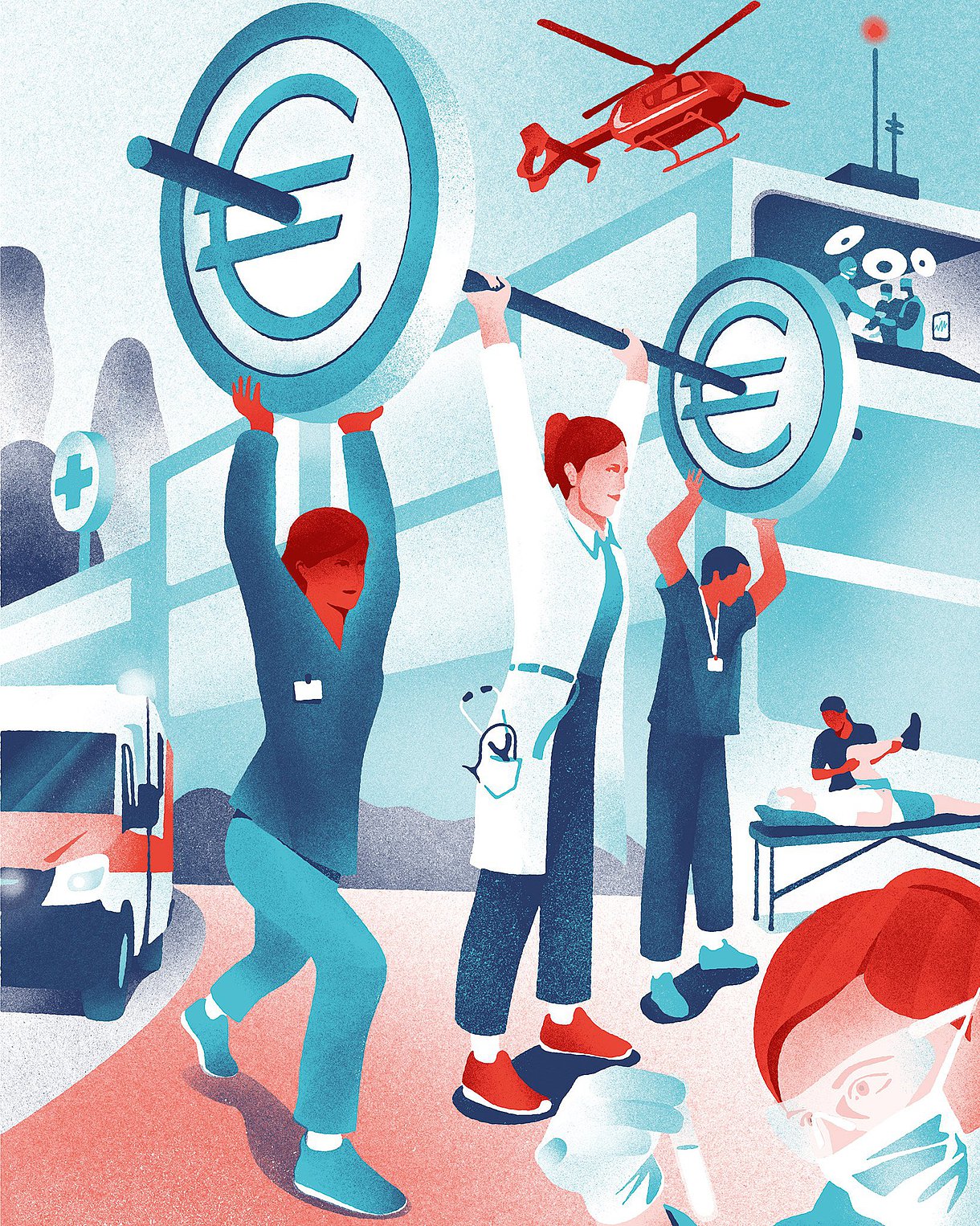 Illustration von meheren Medizinerinnen und Medizinern in einem Krankenhaus. Drei von ihnen stemmen ein Gewicht, an dem links und rechts riesige Euromünzen hängen.