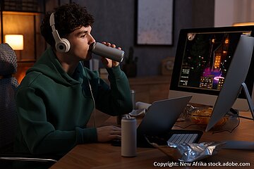 Jugendlicher konsumiert Energydrink vor PC