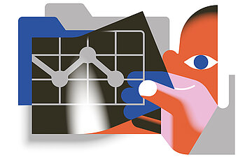 Illustration im abstrakten Stil: Eine Person h&auml;lt ein Blatt mit einem Diagramm vor einem blauen Ordner.