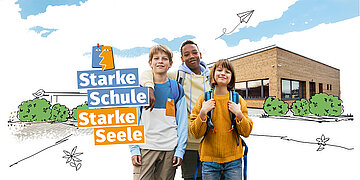 Starke Schule, starke Seele, der Claim des BGP, ragt in eine Sch&uuml;lergruppe - zwei Jungs, ein M&auml;dchen. Sie schauen selbstbewusst zum Betrachter. Im Hintergrund sind eine Schule aus Holz und einige B&uuml;sche zu sehen. 