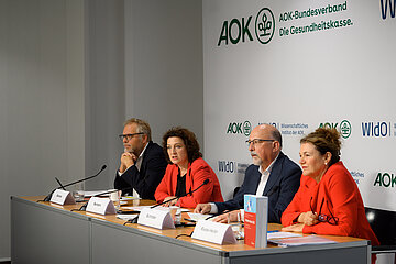 Podium der Pressekonferenz (v.l.): Dr. Kai Behrens, Dr. Carola Reimann, Helmut Schr&ouml;der, Prof. Dr. Steffi Riedel-Heller