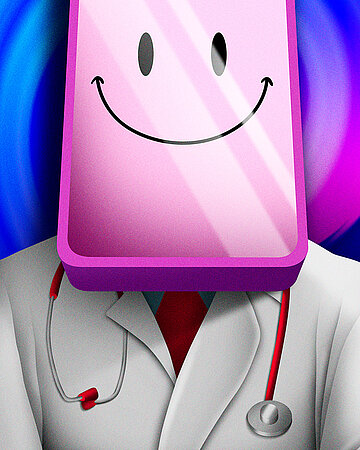 Foto: Illustration eines Arztes mit Stethoskop. Sein Kopf wird von einem Smartphone mit l&auml;chelndem Smiley bedeckt.
