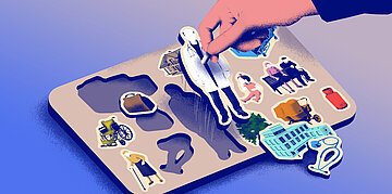 Illustration: Ein Hand ordnet Figuren von medizinischem Personal, Rettungsfahrzeugen und medizinischen Ger&auml;ten auf einer Fl&auml;che an.