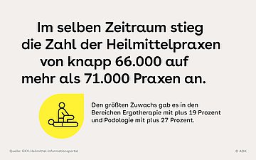 Die Zahl der Praxen von Heilmittelerbringern ist im gleichen Zeitraum von knapp 66.000 auf mehr als 71.000 gestiegen.