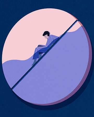 Illustration: Eine Person im Schlafanzug rutscht eine schr&auml;ge Linie nach unten und ist von Fl&uuml;ssigkeit umgeben.