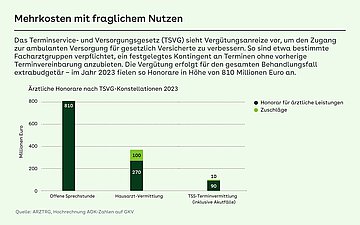 Das Säulendiagramm zeigt die Ärztlichen Honorare nach TSVG-Konstellationen in Millionen Euro im Jahr 2023 sowie für Zuschläge. Für offene Sprechstunden bekamen Ärzte 810 Mio. Euro; 270 Mio. Euro für die Hausarzt-Vermittlung sowie 90 Mio. Euro für die TSS-Terminvermittlung (Akutfälle). Zuschläge gab es 100 Mio. Euro bei den Hausarzt-Vermittlungen sowie 10 Mio. Euro bei der TSS-Terminvermittlung (Akutfälle).