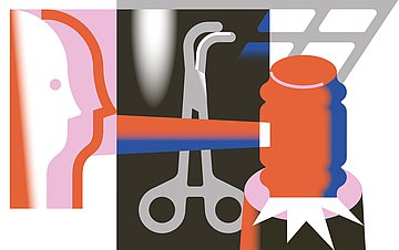 Illustration im abstrakten Stil mit Gesicht, Schere, und Laser. Thema medizinische Eingriffe und Behandlungsfehler.