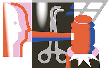 Illustration im abstrakten Stil mit Gesicht, Schere, und Laser. Thema medizinische Eingriffe und Behandlungsfehler.