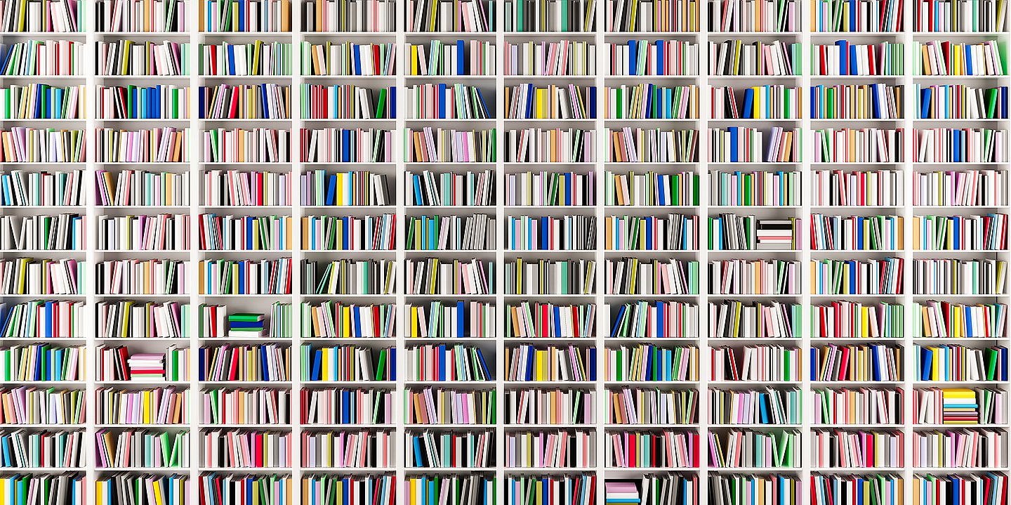 Foto: In einer riesigen Bücherwand stehen hunderte Bücher.