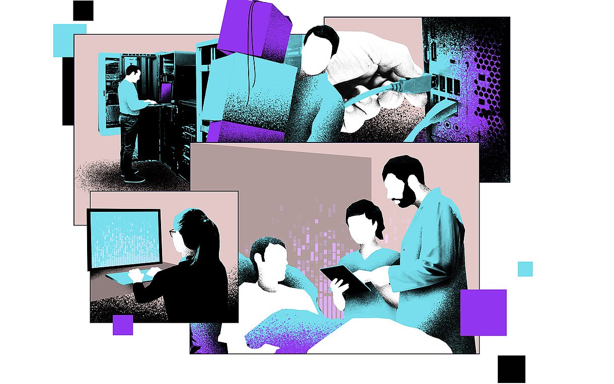Foto: Illustration zum Thema Cyberkriminalität in Krankenhäusern: Mehrere Szenen, darunter kriminelle Hacker beim Datenklau.