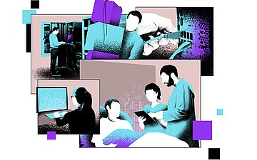 Foto: Illustration zum Thema Cyberkriminalität in Krankenhäusern: Mehrere Szenen, darunter kriminelle Hacker beim Datenklau.
