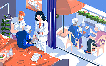 Illustration von einer &Auml;rztin und einem Pfleger bei der Untersuchung einer alten Dame. Im Hintergrund sieht man einen Balkon auf dem zwei Bewohnerinnen Karten spielen.