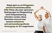 Alte Frau bei der Physio mit Therapeutin. Daneben der Text: Dabei geht es um Pflegeheimsensitive Krankenhausfälle (PSK-Fälle), die unter optimalen Bedingungen im Pflegesetting keine Hospitalisierung erfordern würden. Diese Menschen sind auf eine bessere ambulante und sektorenübergreifende Versorgung vor Ort angewiesen.