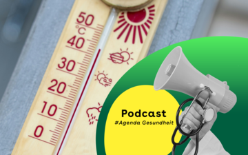 Ein Thermometer vor dem das Kampagnenmotiv "Podcast" zu sehen ist.