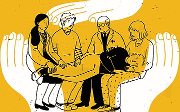 Zwang Illustration eines jungen Mannes, der auf den Beinen von vier anderen Menschen liegt