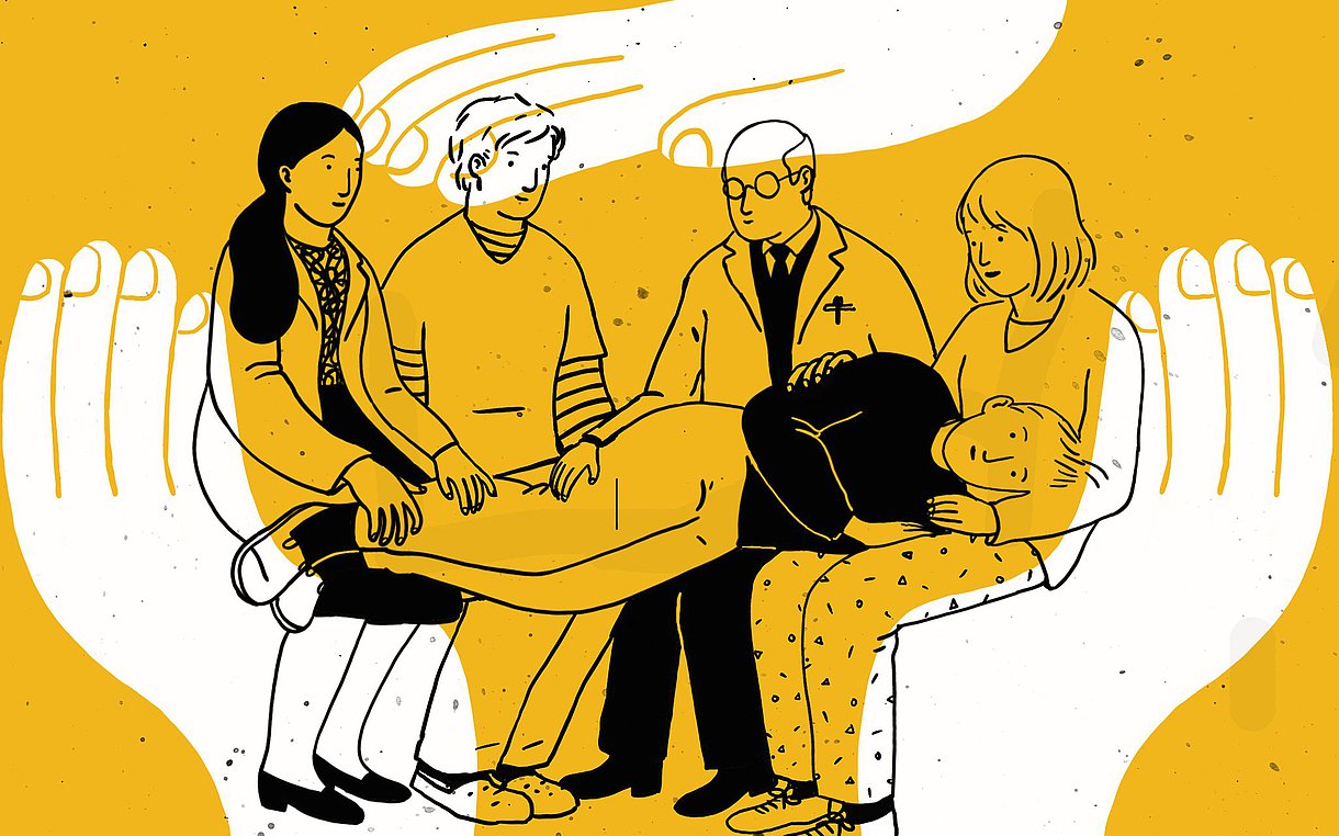 Illustration eines jungen Mannes, der auf den Beinen von vier anderen Menschen liegt