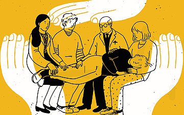 Illustration eines jungen Mannes, der auf den Beinen von vier anderen Menschen liegt