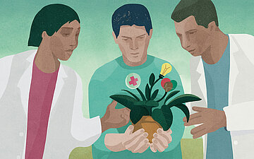 Drei Forschende betrachten gemeinsam eine Pflanze mit Symbolen f&uuml;r Gesundheit, Energie und Medizin.