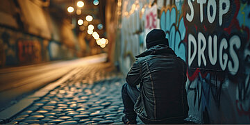 Foto: Ein Mann in Lederjacke sitzt mit dem R&uuml;cken zur Kamera auf einem Gehweg, daneben steht auf einer Mauer "Stop Drugs".