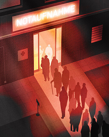 Illustration: viele Menschen stehen in einer d&uuml;ster-r&ouml;tlichen Nacht in Schlange an der Notaufnahme an