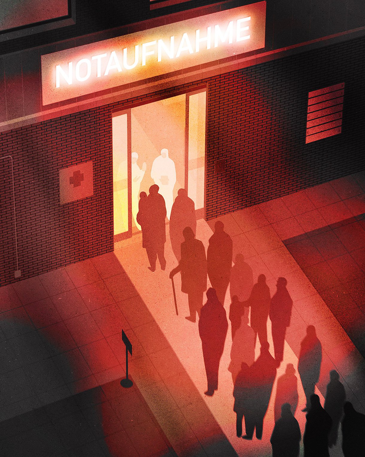 Illustration: viele Menschen stehen in einer düster-rötlichen Nacht in Schlange an der Notaufnahme an