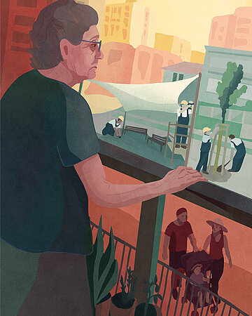Illustration einer &auml;lteren Frau mit Brille, die von einem Balkon auf einen st&auml;dtischen Platz blickt. Unten arbeiten mehrere Personen an der Gestaltung des Au&szlig;enraums, w&auml;hrend zwei Menschen eine Person im Rollstuhl begleiten.