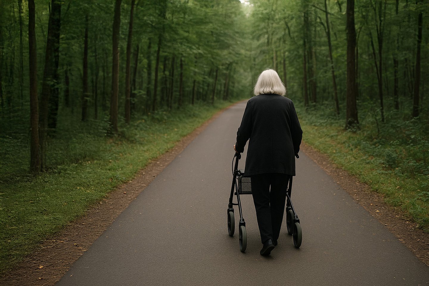 Eine alte Frau schiebt ihren Rollator über einen asphaltierten Waldweg. Die Frau ist von hinten zu sehen.