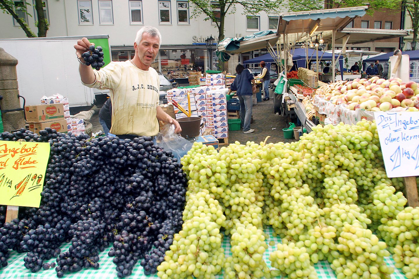 Foto von einem Marktstand mit Weintrauben und Äpfel vor einer kleinstädtischen Kulisse.