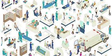 Das Wimmelbild zeigt verschiedene Gesundheitsberufe und-einrichtungen grafisch aufbereitet