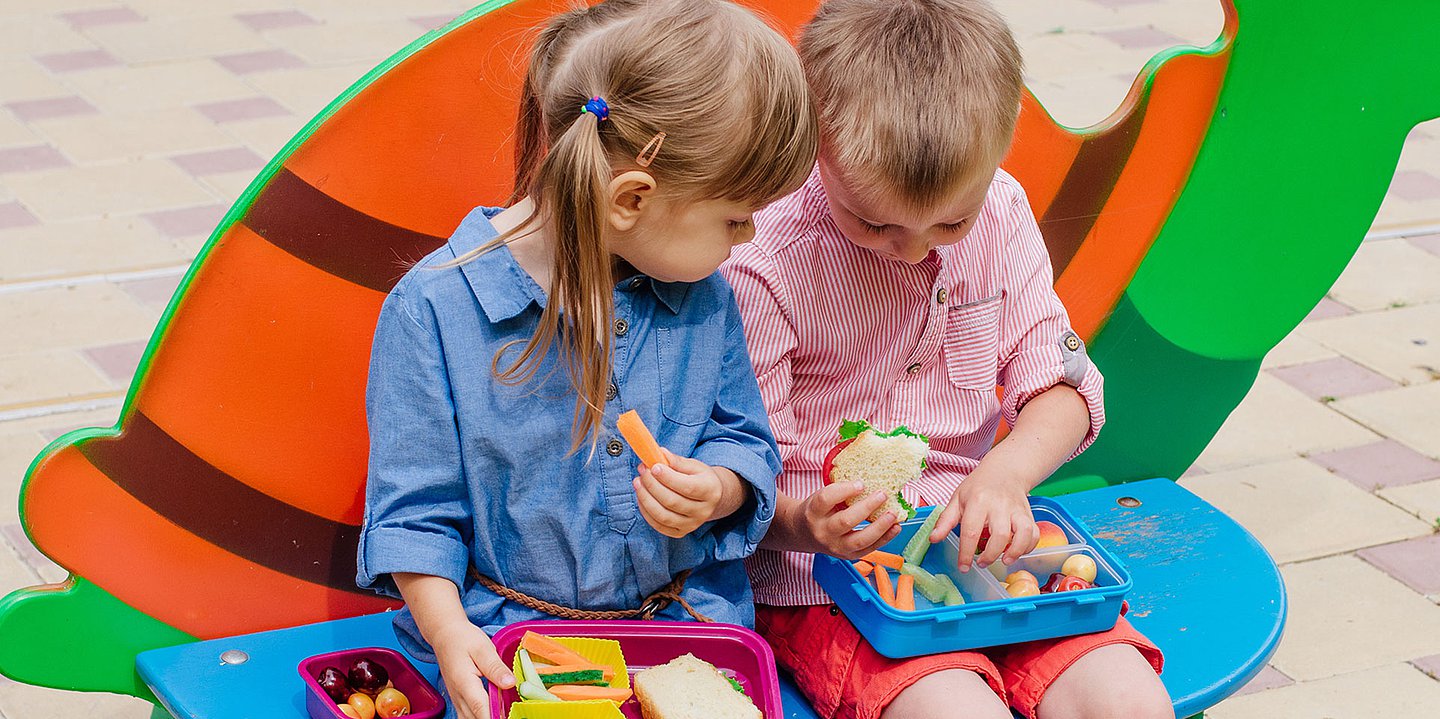 Foto: Zwei Kinder sitzen nebeneinander und halten ihre Brotboxen aufgeklappt, die Brot sowie Obst und Gemüse enthält.