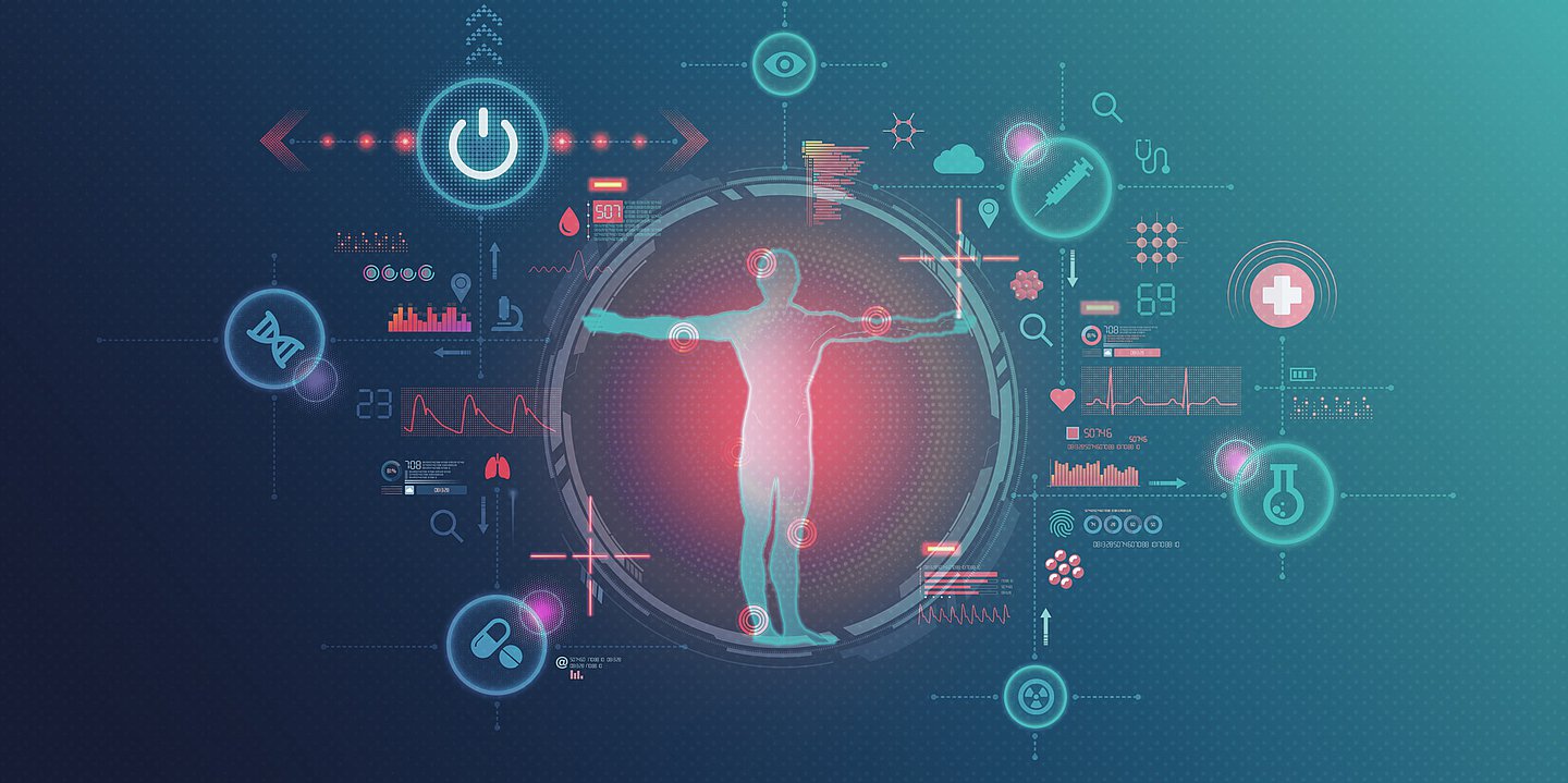 Foto: Ein angeleuchteter Mensch steht in einem Kreis – um ihn herum sind verschiedene Symbole des Gesundheitswesens gruppiert.