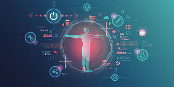 Foto: Ein angeleuchteter Mensch steht in einem Kreis &ndash; um ihn herum sind verschiedene Symbole des Gesundheitswesens gruppiert.