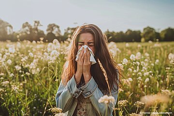 Frau, die &uuml;ber eine Wiese geht und niest