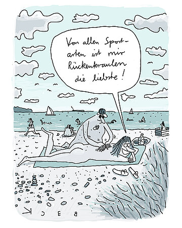 Illustration: Karikatur: Ein Mann massiert einer Frau am Strand den R&uuml;cken. Sie sagt: &bdquo;Von allen Sportarten ist mir R&uuml;ckenkraulen die liebste!&ldquo;