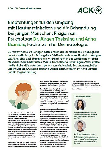 Cover zum Experten-Interview Hauterkrankungen Das Titelbild zeigt neben einem dreispaltigem Text einen grünen Infokasten und die Illustration eines Jugendlichen.