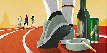 Illustration: Eine Person steht auf der Laufbahn. Unter ihrem Schuh liegen Alkoholflaschen, eine Zigarette und ein Aschenbecher.